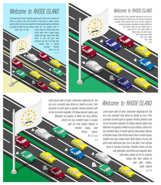 Vector illustration of Isometric flag of US state of RHODE ISLAND on flagpole fluttering in wind. Crossing of RHODE ISLAND border by car travels. Set of information horizontal, square and vertical vector banner