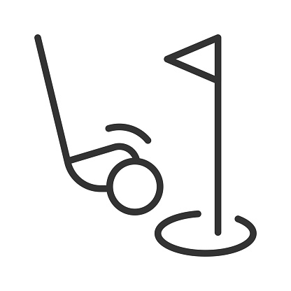 Tee off with this striking golf icon, showcasing a golf club and ball. Perfect for sports enthusiasts, golfers, and anyone passionate about recreation and leisure. This vector illustration embodies the essence of golf, making it a great addition to your creative projects. Get swinging with this golf icon and elevate your designs.