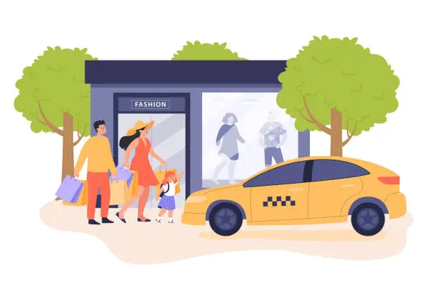 Vector illustration of Happy family with shopping bags walking towards taxi