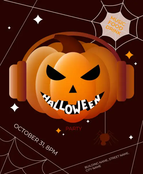 Vector illustration of Halloween Pumpkin with headphones