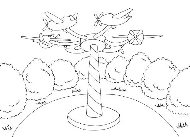 Vector illustration of Carousel tower airplane amusement park landscape graphic black white sketch illustration vector