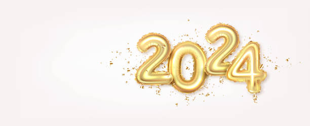 istock Happy New Year 2024. Golden realistic metallic balloons numbers with confetti. 1707548769