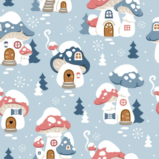 Vector illustration of Seamless vector pattern with cute winter mushroom houses, snowflakes and snowy trees. Hand drawn  Christmas wallpaper design. Perfect for textile, wallpaper or nursery print design.