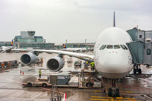 Frankfurt, Germany-September, 2019: Airplane at a gate in  Frankfurt airport