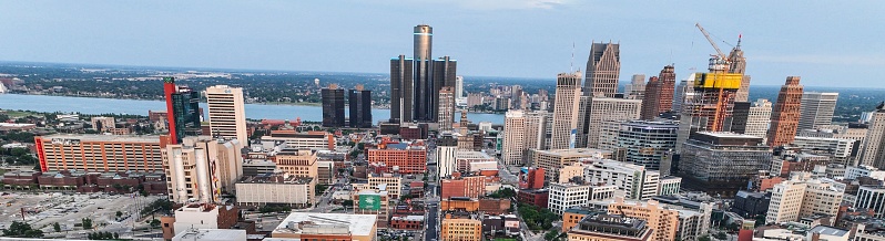 Detroit Michigan, United States – July 09, 2023: An aerial view of Detroit cityscape in Michigan on a cloudy day