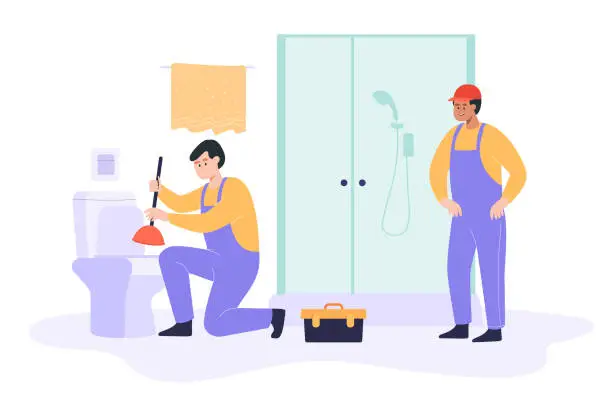 Vector illustration of Plumbers clearing blockage in toilet with plunger