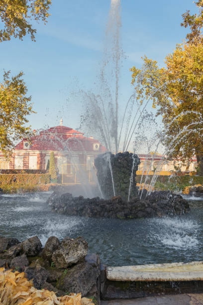 Petergof, Russia - October 2, 2021: Fountain Sheaf in Peterhof on the sunny autumn day