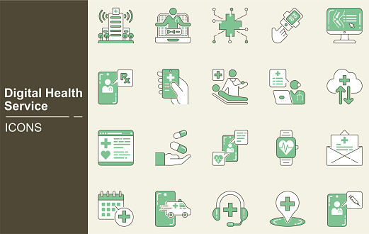 Digital Health Care Service icon set.Medicine technology, Future medical tech, Online telemedicine, Medical video consultation with doctor through phone app, Remote Health diagnosis in digital clinic.