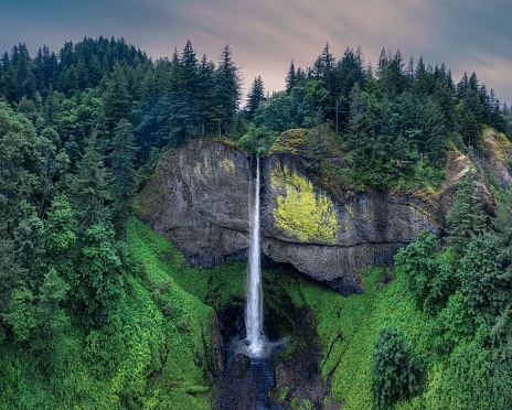 A scenic aerial shot of the Latourell Falls Waterfall in Oregon.