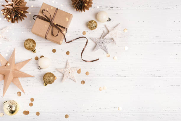 istock Festive Christmas background with gift box and Christmas decorations 1707588006