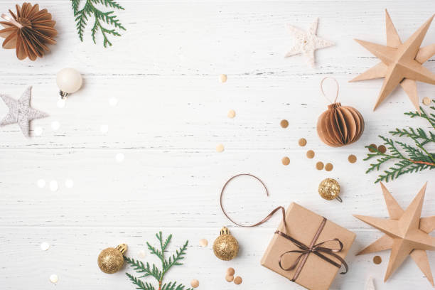 istock Festive Christmas background with gift box and Christmas decorations 1707588008