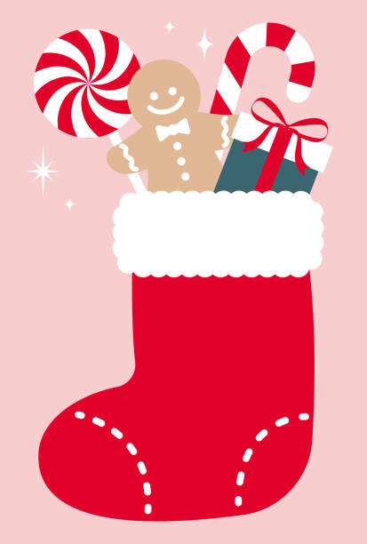 vektorhintergrund mit einer weihnachtssocke, die mit geschenken für banner, karten, flyer, social-media-hintergrundbilder usw. gefüllt ist. - nikolaus stiefel stock-grafiken, -clipart, -cartoons und -symbole