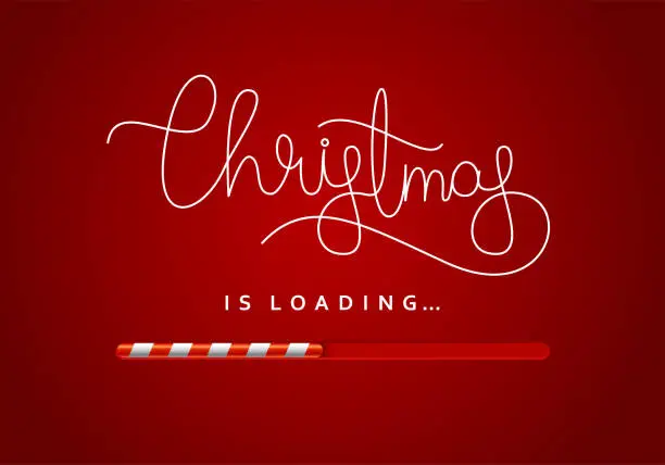 Vector illustration of Christmas is loading, a festive banner design with a glossy loading bar and a handwritten message. Vector illustration.