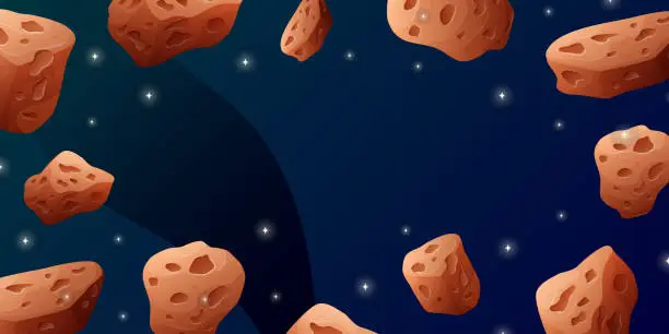 Vector illustration of International world holiday Asteroid Day. Space background banner of the night starry sky with flying stone meteorites.