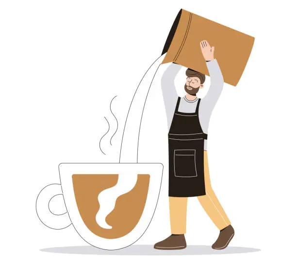 Vector illustration of Cartoon Barista pouring milk or cream into a huge cup of coffee. Man making cappuccino or latte. Vector isolated flat illustration.