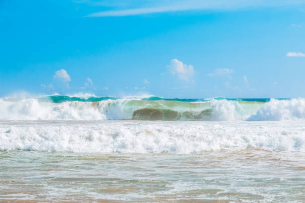 Blue ocean waves crashing on a sandy beach under a clear sky. Sri Lanka, Hikkaduwa.