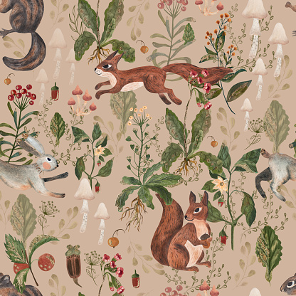 Forest with animals hare, squirrel, chipmunk. seamless pattern. Watercolor illustration in cartoon style.