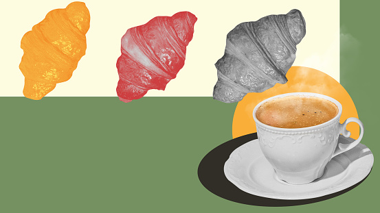 Creative design with coffee cup and freshly baked, delicious croissants over colorful background. Concept of food and drink, taste, creativity. Artwork. Poster. Copy space for ad. Banner