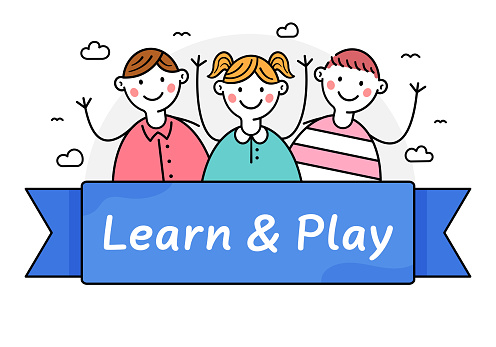 Learn & Play at School Illustration. three happy stick figure characters and a banner with 