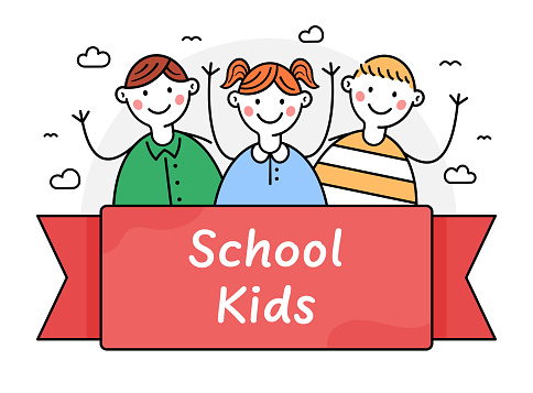 School Kids Illustration. three happy stick figure characters and a banner with 