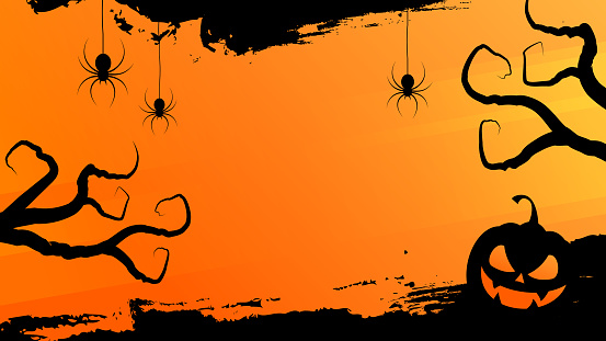Halloween theme banner with spooky smile jack o lantern, spiders, scary trees and black brush strokes. Green and orange color. Vector illustration.