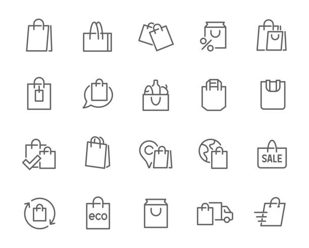 eine sammlung von 20 einzigartigen symbolen, die einkaufstaschen darstellen, ist perfekt, um ihre projekte aufzuwerten. - green consumerism bag paper bag stock-grafiken, -clipart, -cartoons und -symbole