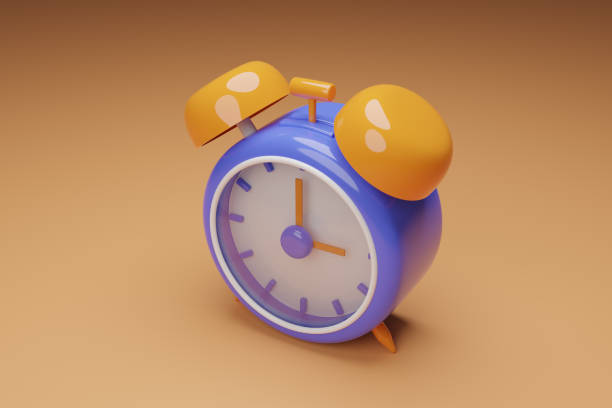 istock blue and yellow vintage ringing alarm clock on bright brown background. Modern design, 3d rendering 1707650911