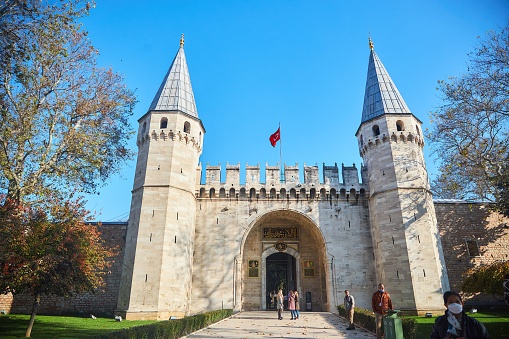 Istanbul, Turkey - November 22, 2021: The main entrance gate to the Topkapi Palace.