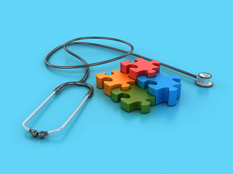 Puzzle Pieces with Stethoscope - Color Background - 3D Rendering