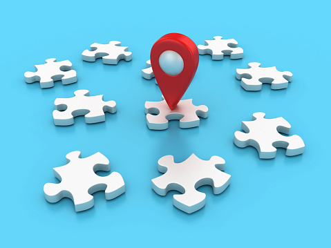 Puzzle Pieces with GPS Marker - Color Background - 3D Rendering