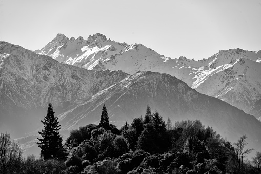 A black & white portrait of Ruby Island, a small island to be found on Lake Wanaka on New Zealand's South Island. Beyond the island we see the towering snow-capped peaks of the Southern Alps.