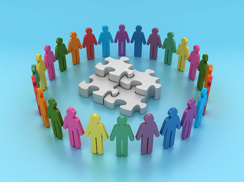 Puzzle Pieces with Teamwork Pictogram People - Color Background - 3D Rendering