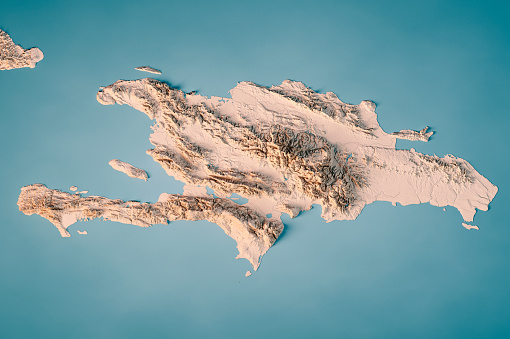 3D Render of a Topographic Map of Hispaniola Island in the Caribbean Sea. \nAll source data is in the public domain.\nColor texture: Made with Natural Earth.\nhttp://www.naturalearthdata.com/downloads/10m-raster-data/10m-cross-blend-hypso/\nWater texture: SRTM Water Body SWDB: https://dds.cr.usgs.gov/srtm/version2_1/SWBD/\nRelief texture: SRTM data courtesy of NASA JPL (2020). URL of source image:\nhttps://e4ftl01.cr.usgs.gov//DP133/SRTM/SRTMGL3.003/2000.02.11