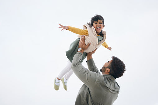 Airplane, sky background mockup or child playing with father to relax or bond with love or care, Smile, outdoor flying space or excited Indian dad with a kid to enjoy fun games on a holiday together
