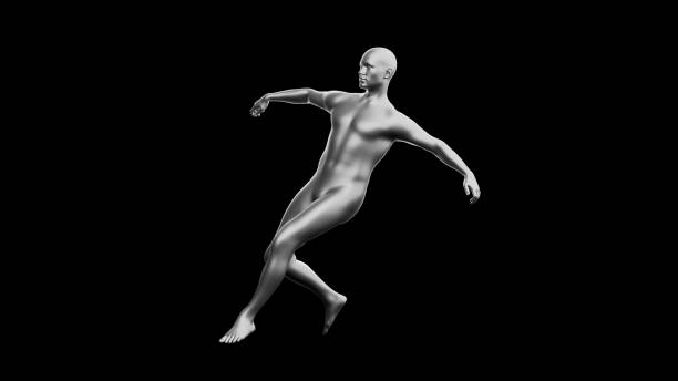 istock Beautiful young athletic man break-dancing energetically, isolated on black background. 3d illustration. Silver mannequin, android. 1707746908