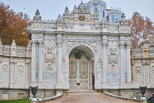 Istanbul, Turkey - November 23, 2021: The famous Dolmabahce Palace. The gate at the entrance to the territory.