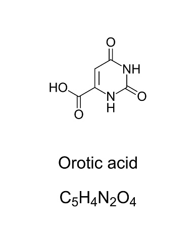 Orotic acid, chemical formula and structure. Mistakenly it was called vitamin B13. Used as mineral carrier in some dietary supplements to increase bioavailability, most commonly for lithium orotate.