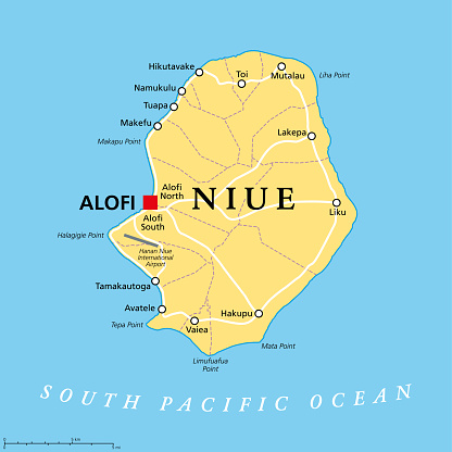 Niue, political map. Self governing island state, situated in the South Pacific Ocean, part of Polynesia, with capital Alofi. The island is subdivided into 14 municipalities and electoral districts.