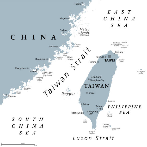 대만과 아시아 대륙을 구분하는 대만 해협, 회색 정치지도 - taiwan china fujian province straits stock illustrations