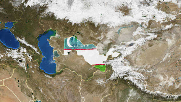 карта узбекистана, украшенная флагом - satellite view topography aerial view mid air стоковые фото и изображения