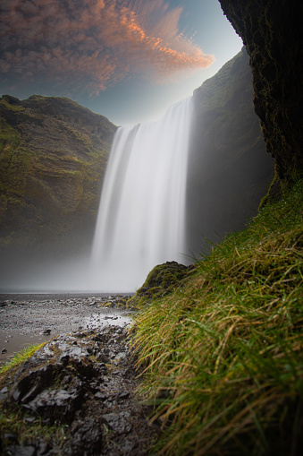 Skogafoss waterfall in Iceland. Time Lapse. Famous location in Iceland.