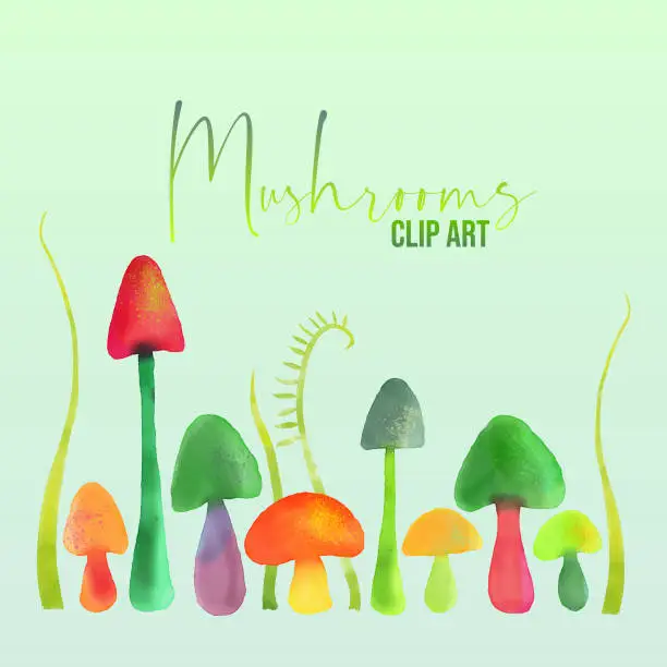 Vector illustration of Watercolor Mushrooms Clip Art Background. Easter Concept, Design Element for Gift Wrapping Paper, Greeting and Invitation Cards.