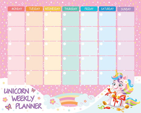 Education timetable schedule. Cartoon baby unicorn with a present. School vector lesson planner template with cute unicorn. Kid time table organizer frame. Vector illustration.