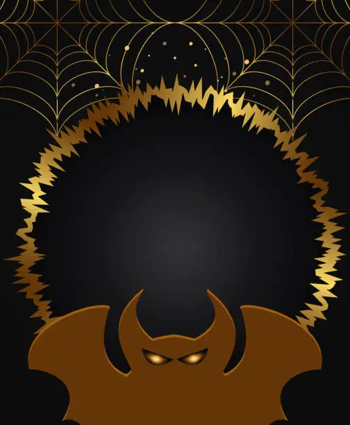 Vector illustration of Halloween holiday vector illustration background with golden rough frame, bat and spider web
