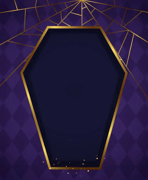 Vector illustration of Halloween holiday vector illustration diamond-shaped wall background with golden coffin frame