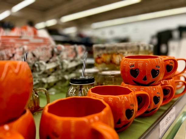 Hallowe’en themed cups for sale on a retail display