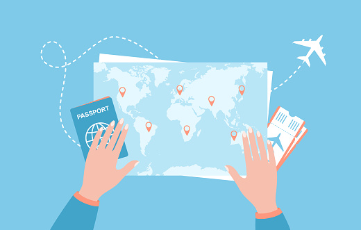 Travel route planning. Hands on world map with passport and plane tickets, top view. Flat vector illustration