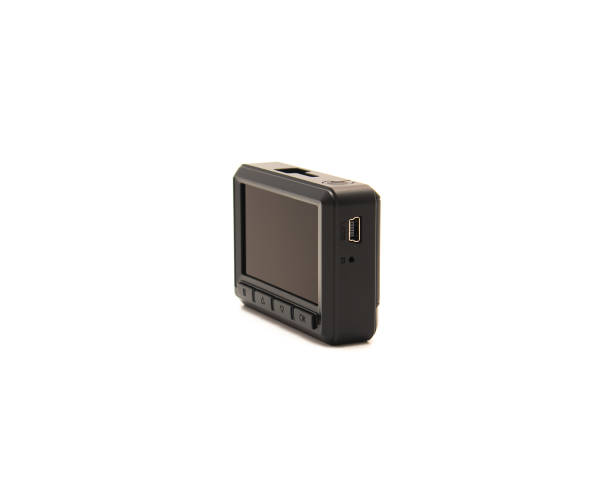 istock Side view black dash cam camera with USB-A power input, navigation buttons and Full HD 1080P IPS display isolated on white background, safety and surveillance solution 1707801377
