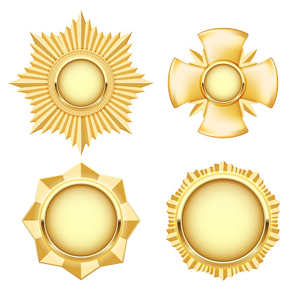 Golden medal and insignia, cogged  star and cross, award medallion, military badge, vector