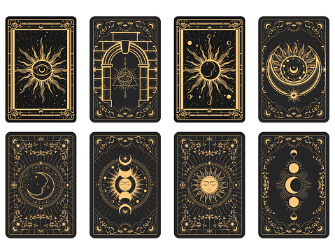 Tarot cards batch reverse side, magic frame with esoteric patterns and mystic symbols, sun and moon sorcery, vector